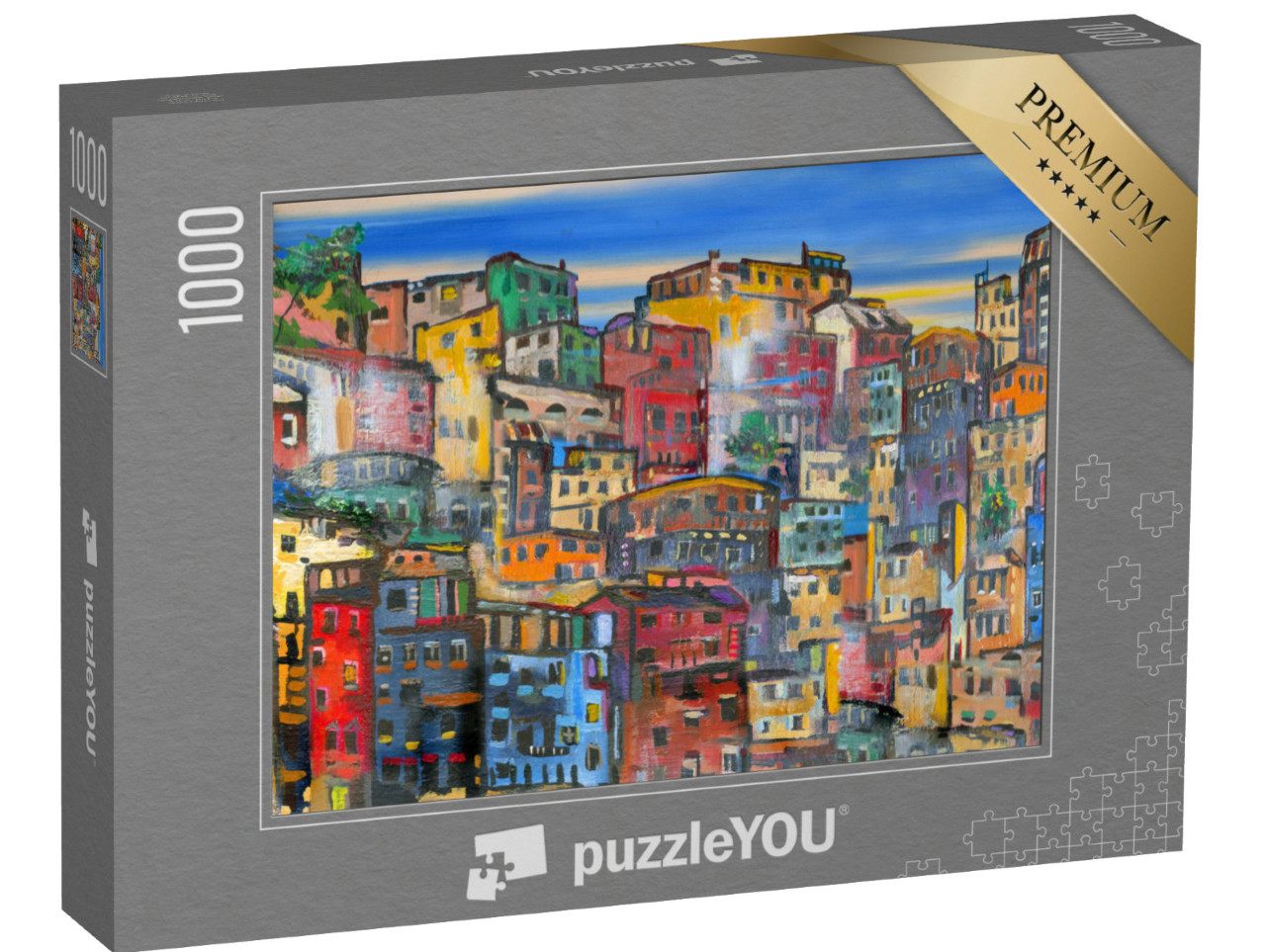 Puzzle 1000 pezzi „Illustrazione: Facciate di case colorate e densamente popolate“