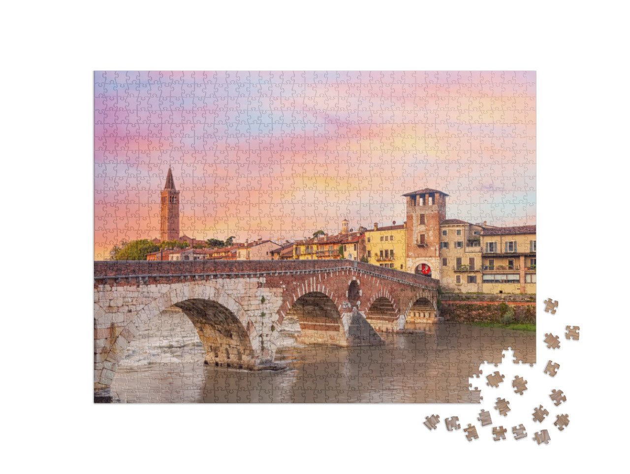 Puzzle 1000 pezzi „Famoso simbolo di Verona. Ponte di Pietra sul fiume Adige durante un'alba colorata“