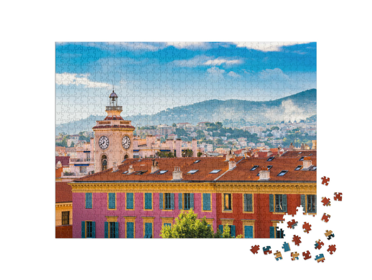 Puzzle 1000 pezzi „Torre dell'orologio a Port Lympia, centro storico di Nizza, Francia“