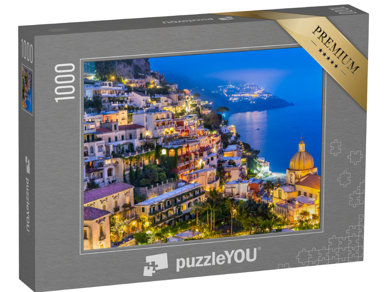 Puzzle 1000 pezzi „Veduta notturna del villaggio di Positano, sulla Costiera Amalfitana, Italia“