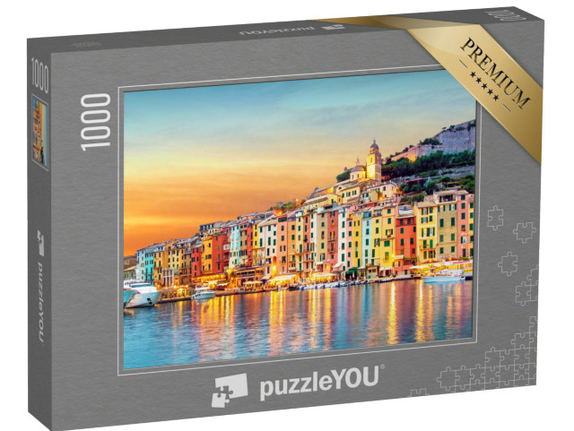 Puzzle 1000 pezzi „Paesaggio mistico del porto con case e barche colorate a Porto Venero, Italia“