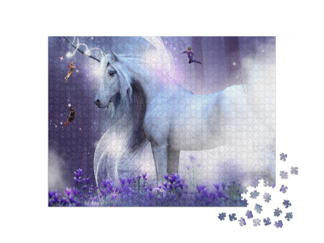 Puzzle 1000 pezzi „Maestoso unicorno con tre incantevoli fatine“