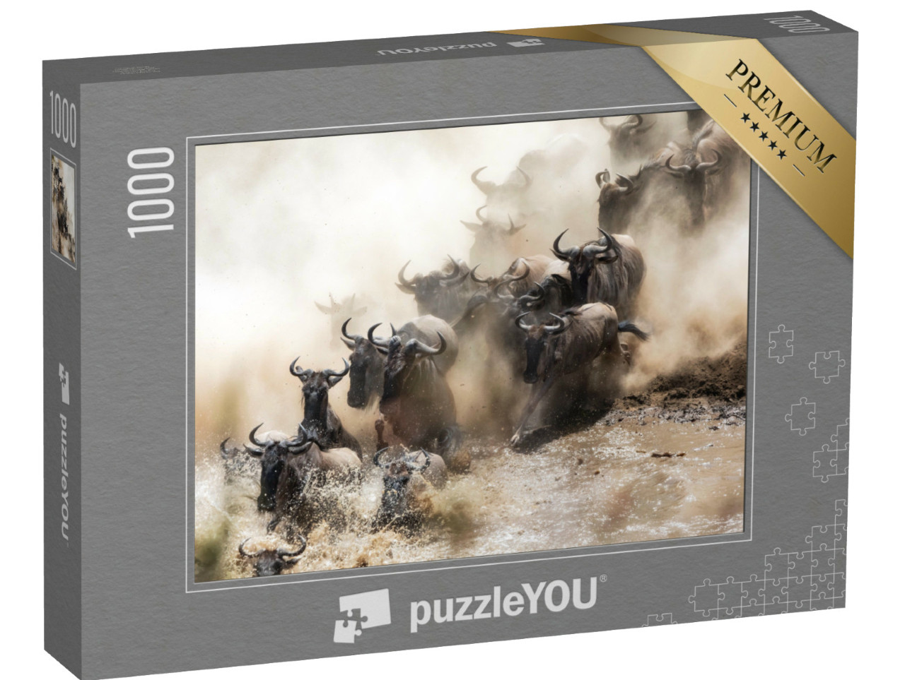 Puzzle 1000 pezzi „Gnu che attraversano il fiume Mara in Kenya“
