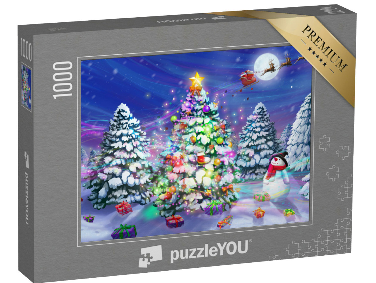 Puzzle 1000 pezzi „La slitta di Babbo Natale sopra un albero di Natale nella foresta innevata“