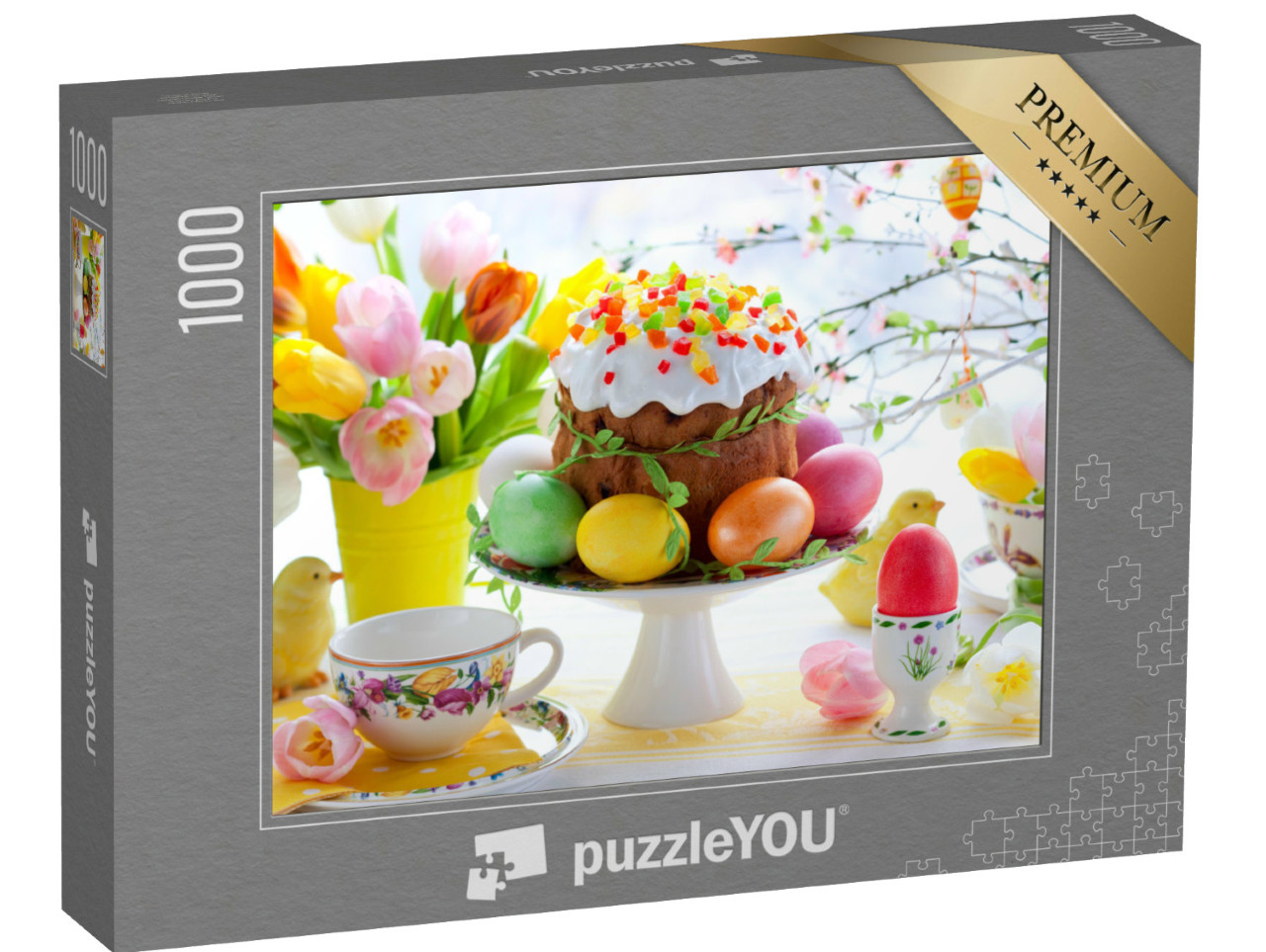 Puzzle 1000 pezzi „Torta di Pasqua e uova colorate sulla festosa tavola di Pasqua“