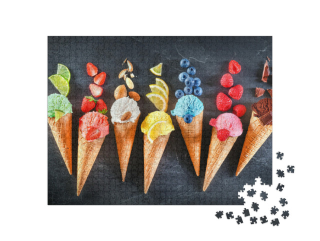 Puzzle 1000 pezzi „Gelato dolce come cioccolato, limone, lime, mandorla, fragole, vaniglia“