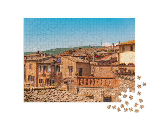 Puzzle 1000 pezzi „San Gimignano con uno skyline di torri medievali, tra cui la Torre Grossa in pietra, Toscana“