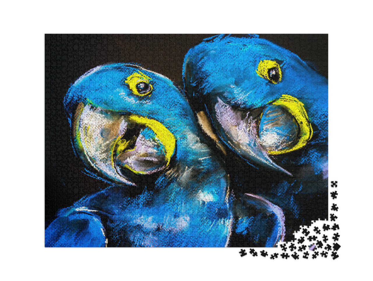 Puzzle 2000 pezzi „Pittura a pastello di pappagalli blu su cartone, arte moderna“