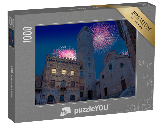 Puzzle 1000 pezzi „Fuochi d'artificio di fine anno sulle torri di San Gimignano nell'ultima notte dell'anno“