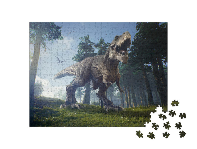 Puzzle 500 pezzi „Terreno di caccia di un Tyrannosaurus Rex con due Quetzalcoatlus“