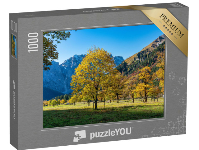 Puzzle 1000 pezzi „Vista autunnale soleggiata degli aceri di Ahornboden, Karwendelgebirge, Austria“