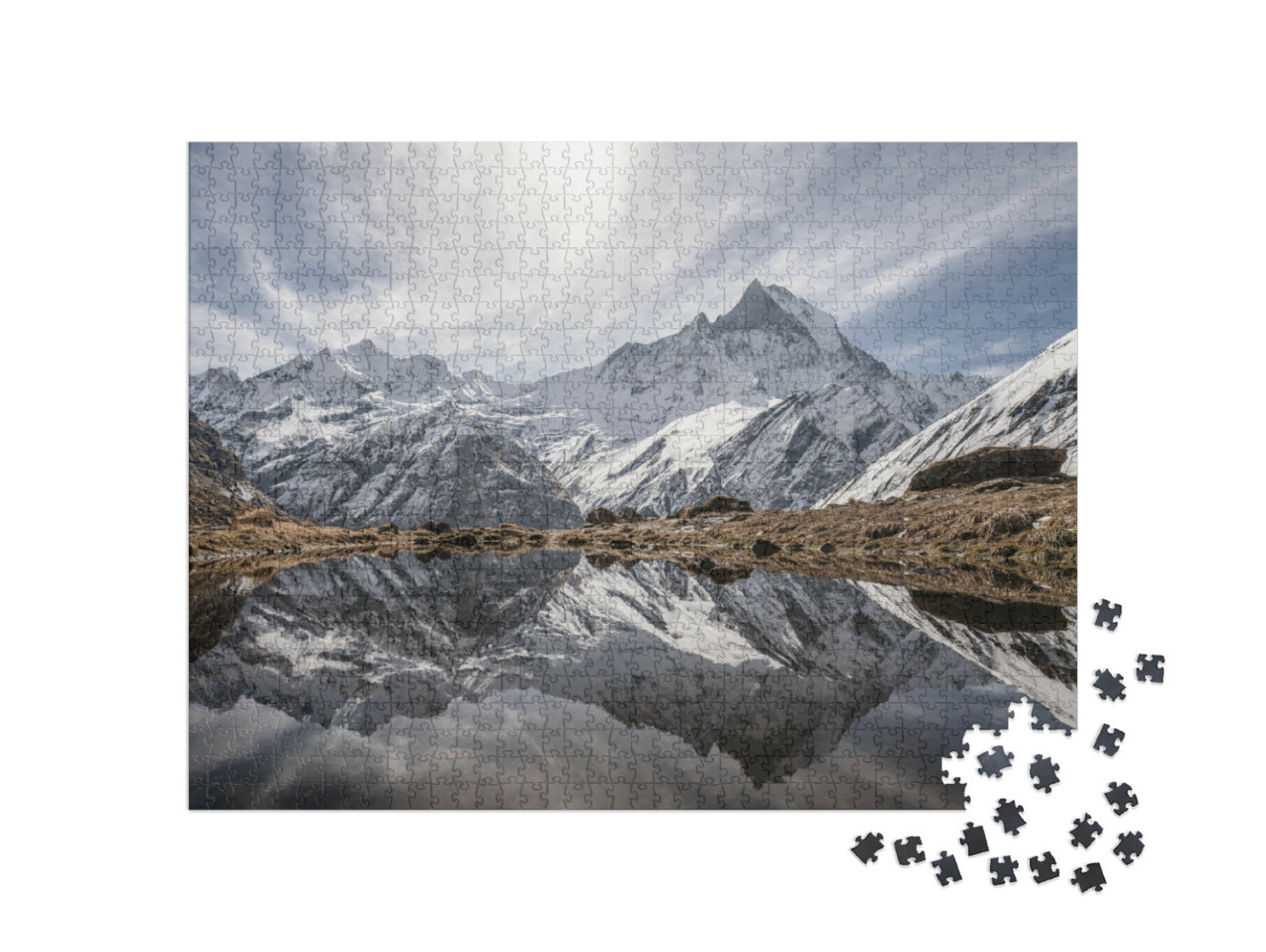 Puzzle 1000 pezzi „Riflesso perfetto in un limpido lago di montagna - Percorso di trekking dell'Annapurna, Himalaya“