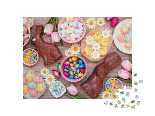 Puzzle 1000 pezzi „Tavola di Pasqua colorata con coniglietti di cioccolato“