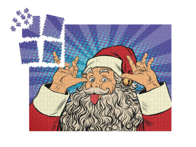 SMART SORTED® | Puzzle 1000 pezzi „Pop art: Babbo Natale tira fuori la lingua, scherzo, umorismo“