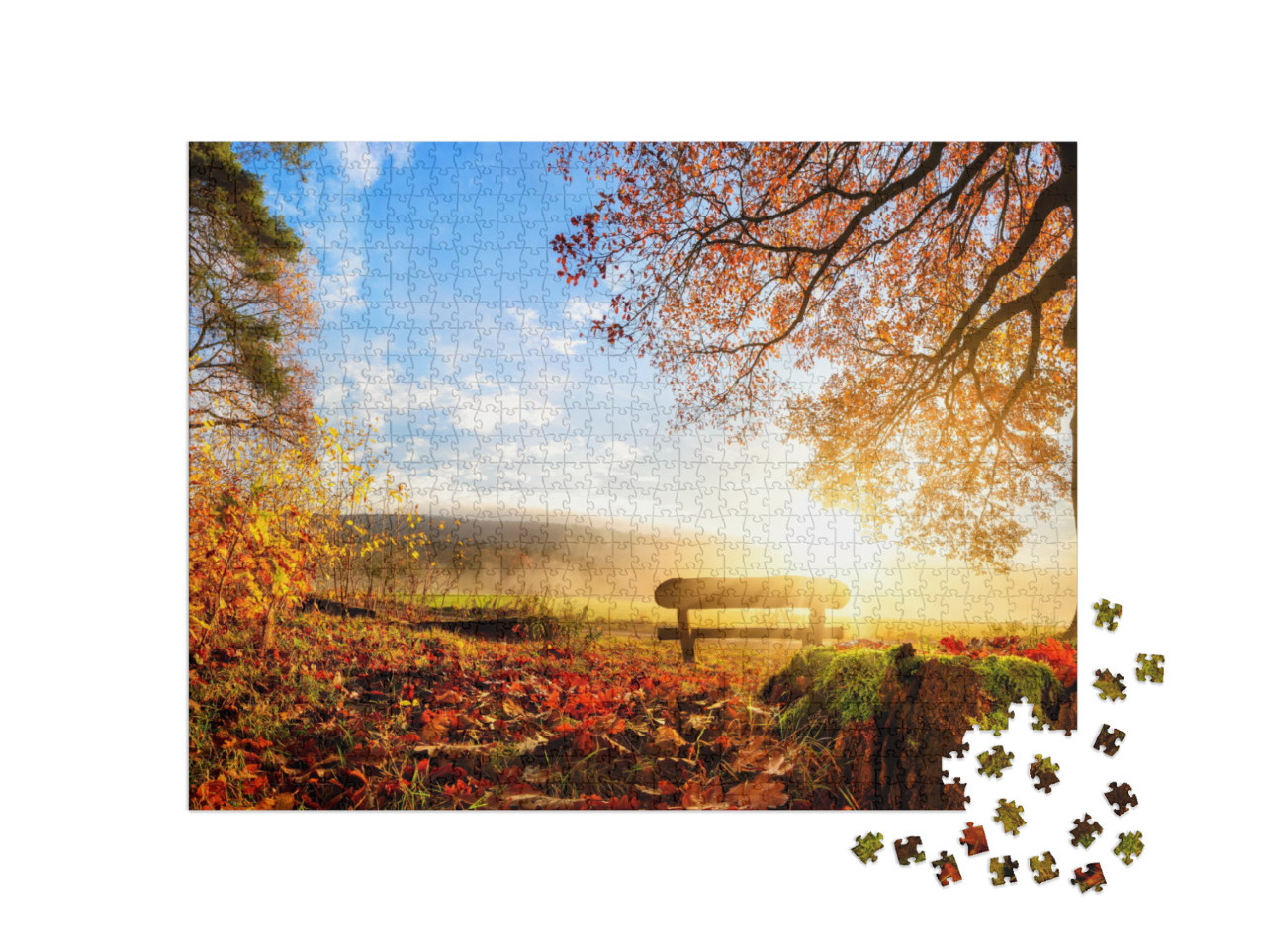 Puzzle 1000 pezzi „Una panchina di legno per riposare nel paesaggio autunnale“