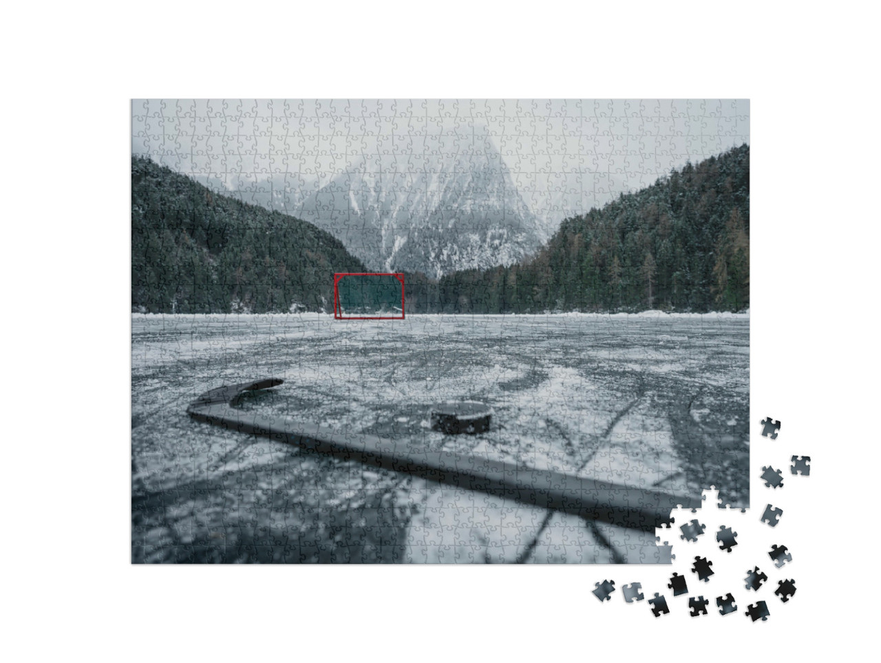 Puzzle 1000 pezzi „Gol di hockey su ghiaccio in una pista vuota all'aperto“