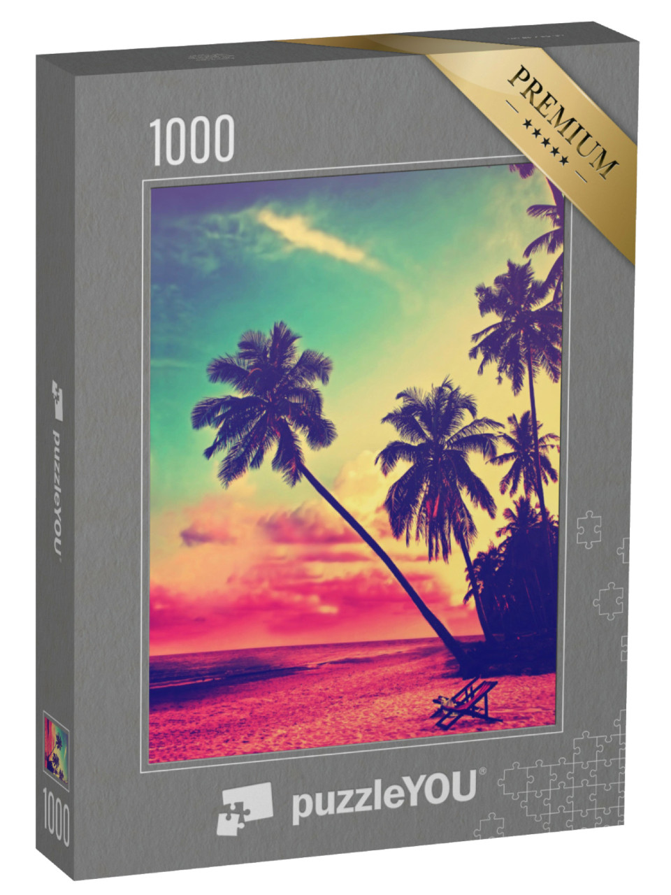 Puzzle 1000 pezzi „Spiaggia tropicale con sagome di palme al tramonto“