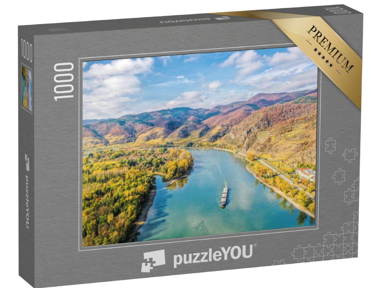 Puzzle 1000 pezzi „Panorama della Valle di Wachau con un battello sul Danubio“