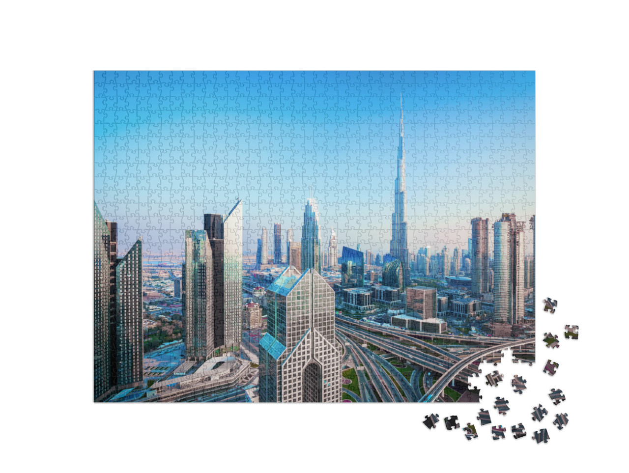 Puzzle 1000 pezzi „Lo skyline del centro di Dubai al tramonto“