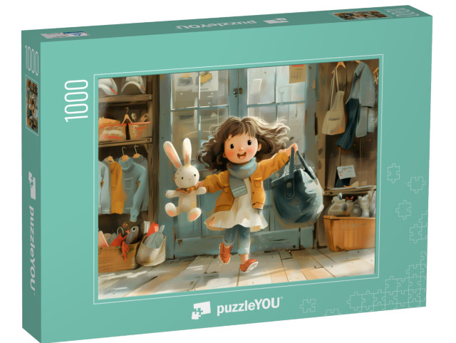 Puzzle 1000 pezzi „Una scolaresca in viaggio con un coniglio e una valigia pronta per l'uso“