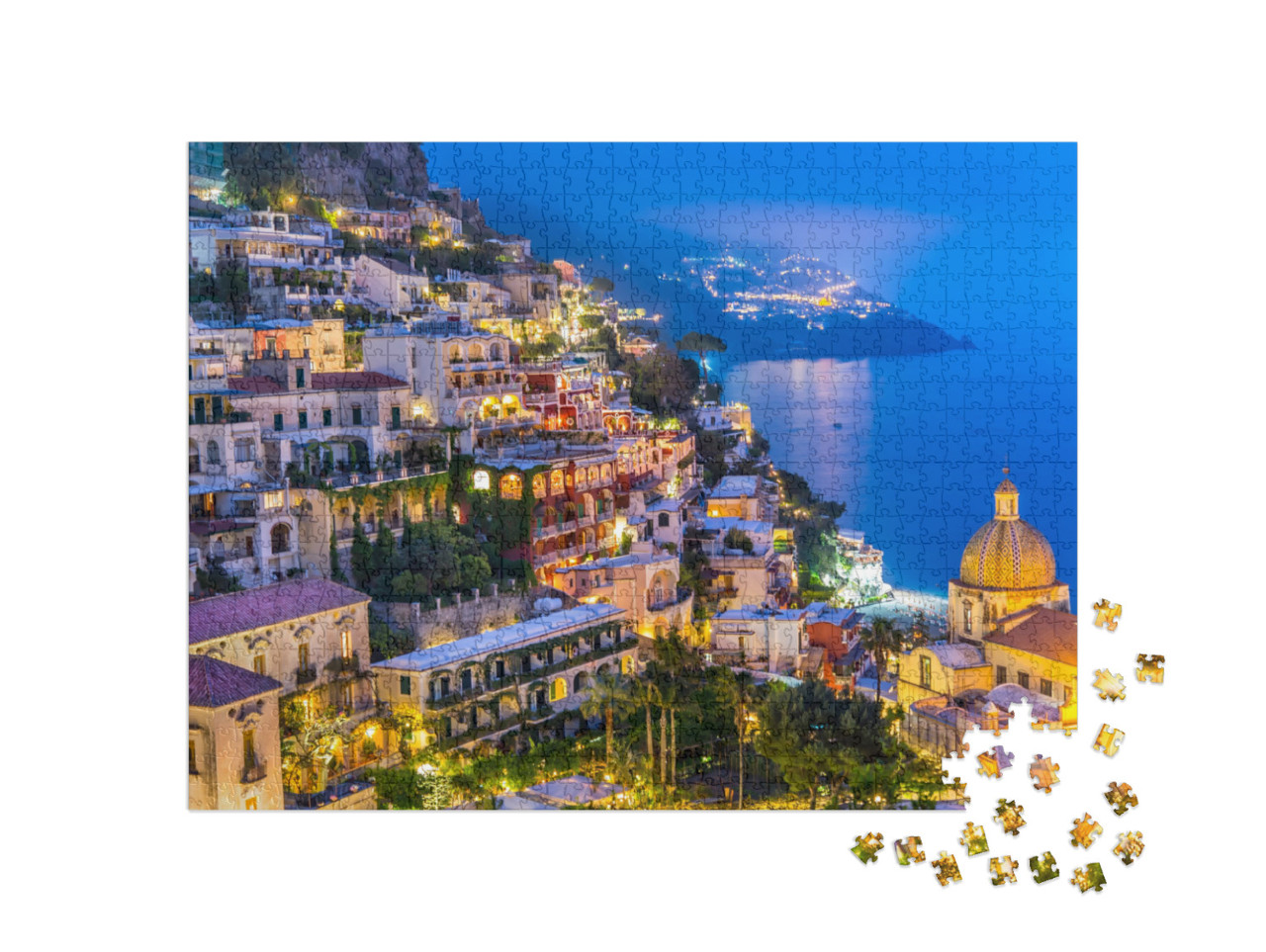 Puzzle 1000 pezzi „Veduta notturna del villaggio di Positano, sulla Costiera Amalfitana, Italia“