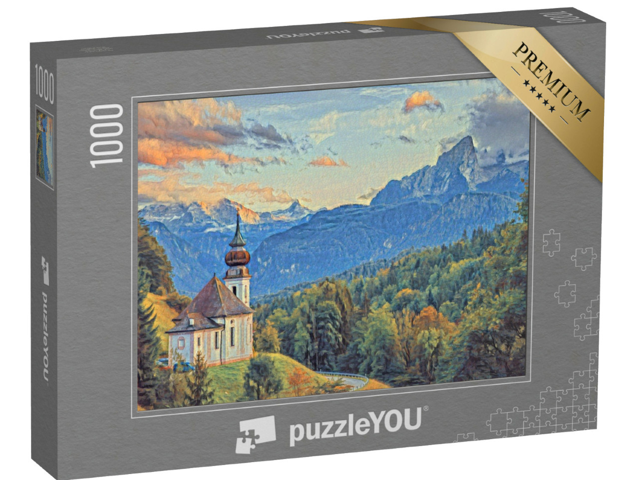 Puzzle 1000 pezzi „nello stile di Paul-Cezanne - Watzmann con la chiesa di Maria Gern“