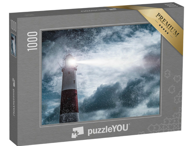 Puzzle 1000 pezzi „Faro rosso e bianco sotto la pioggia di notte“