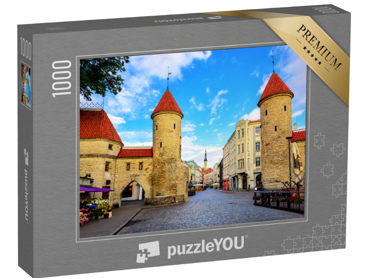 Puzzle 1000 pezzi „Le torri gemelle della Porta Viru nella Città Vecchia di Tallinn, Estonia“