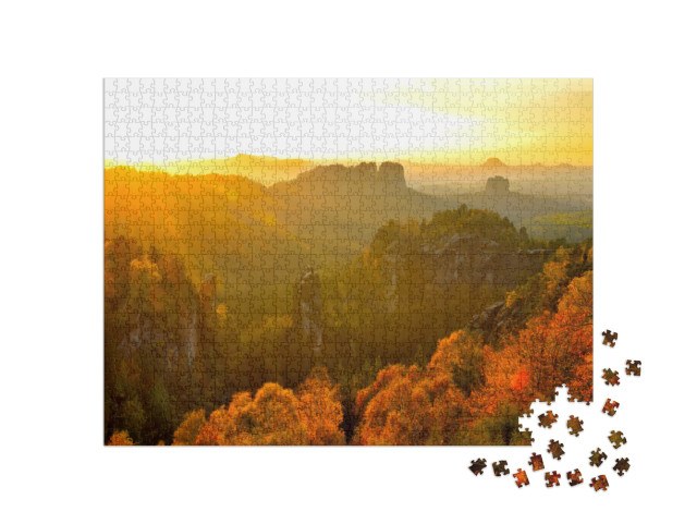 Puzzle 1000 pezzi „Svizzera sassone: vista dalla Roccia Carola al tramonto“