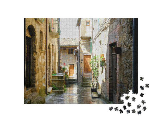 Puzzle 1000 pezzi „Una strada stretta in una giornata di primavera nella cittadina di Pitigliano, in Toscana“