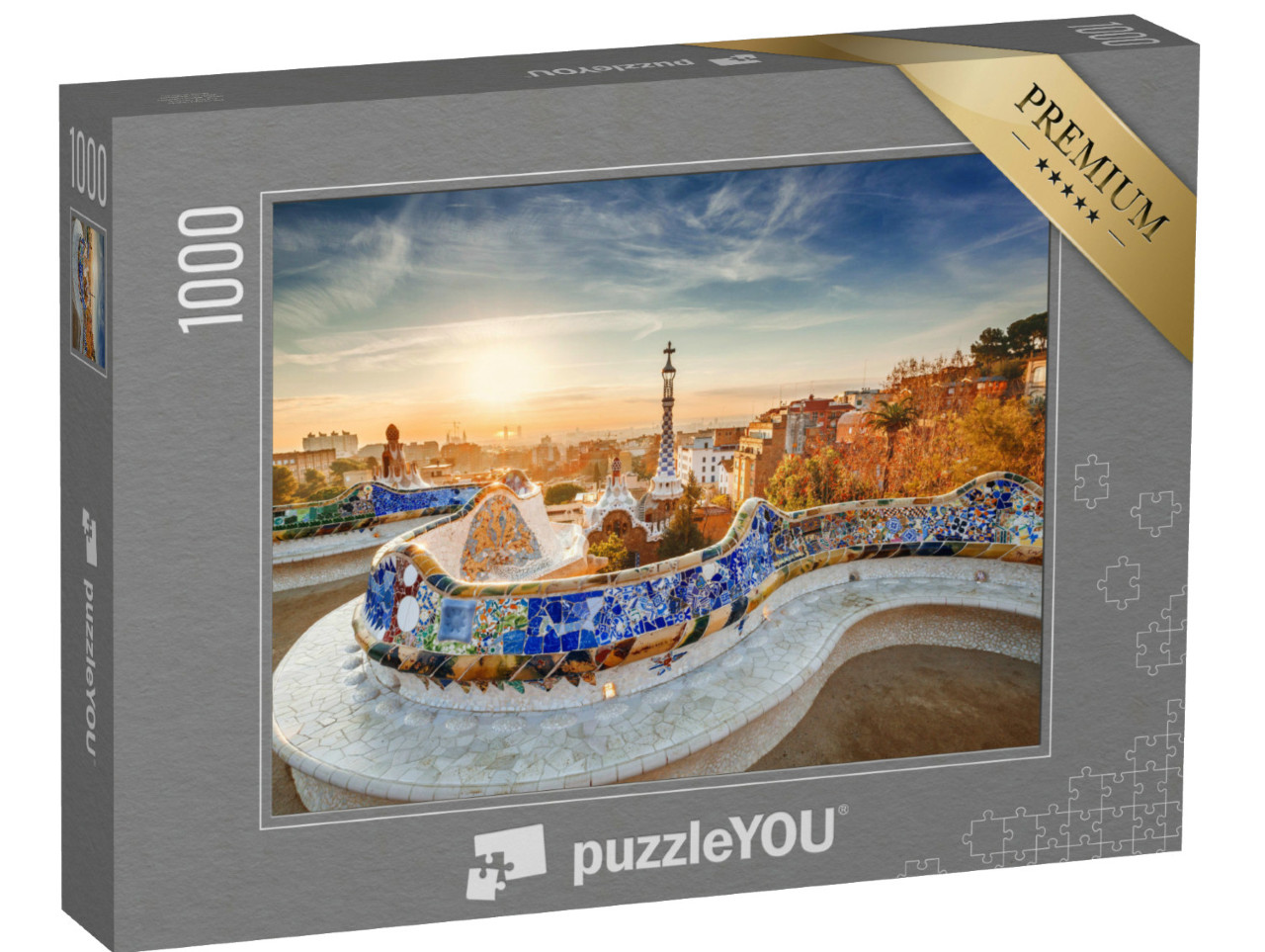Puzzle 1000 pezzi „Alba a Park Güell con vista su Barcellona“