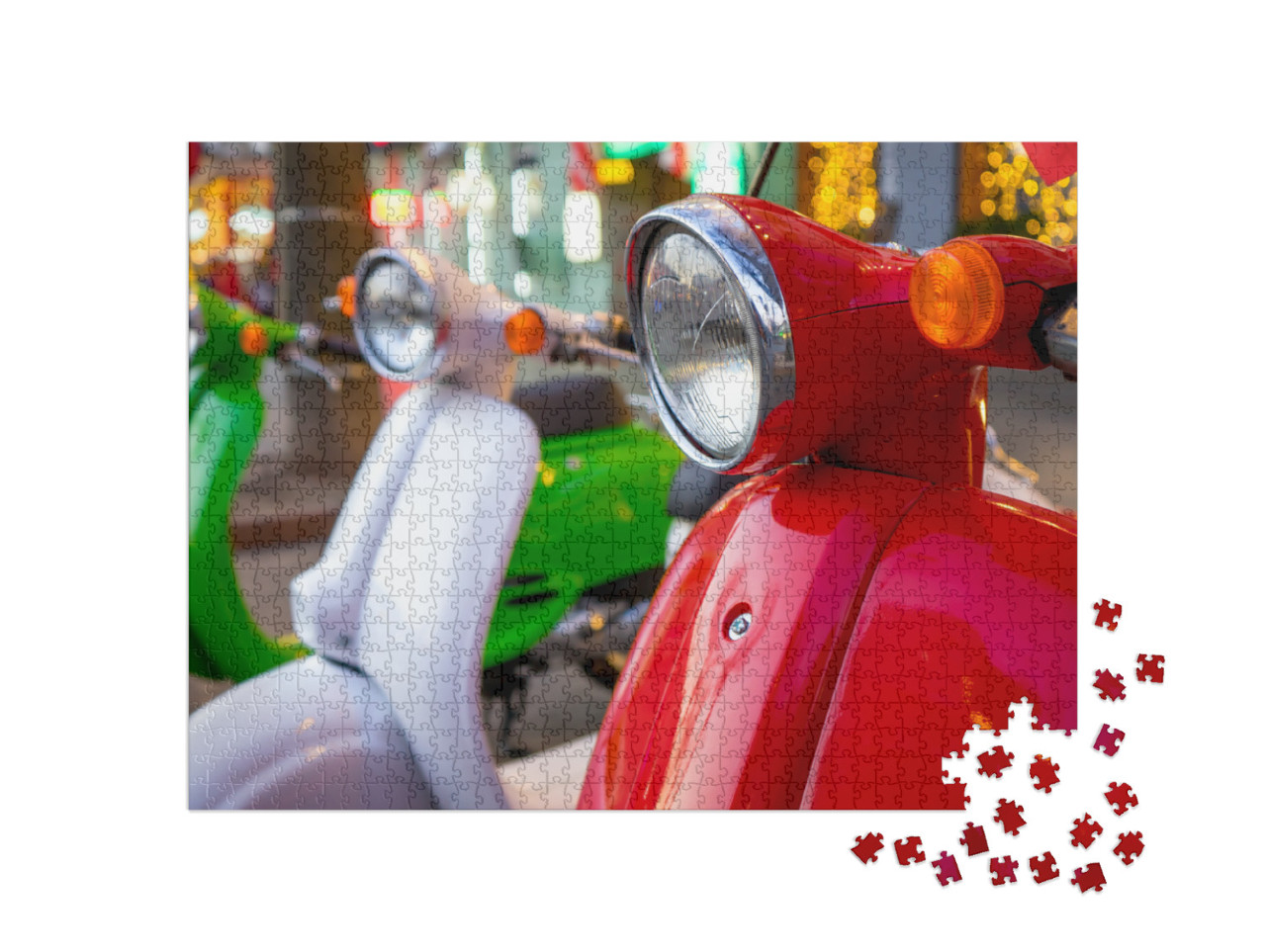Puzzle 1000 pezzi „Scooter vintage retrò vicino a un ristorante italiano. Un moderno mezzo di trasporto personale.“