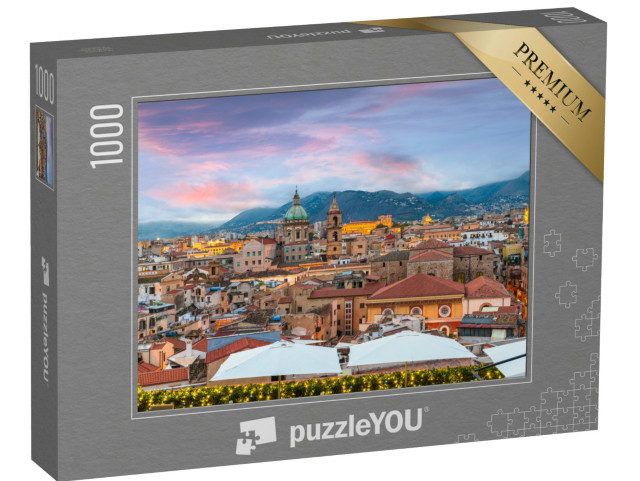 Puzzle 1000 pezzi „Palermo, skyline della città siciliana con le torri simbolo al tramonto.“