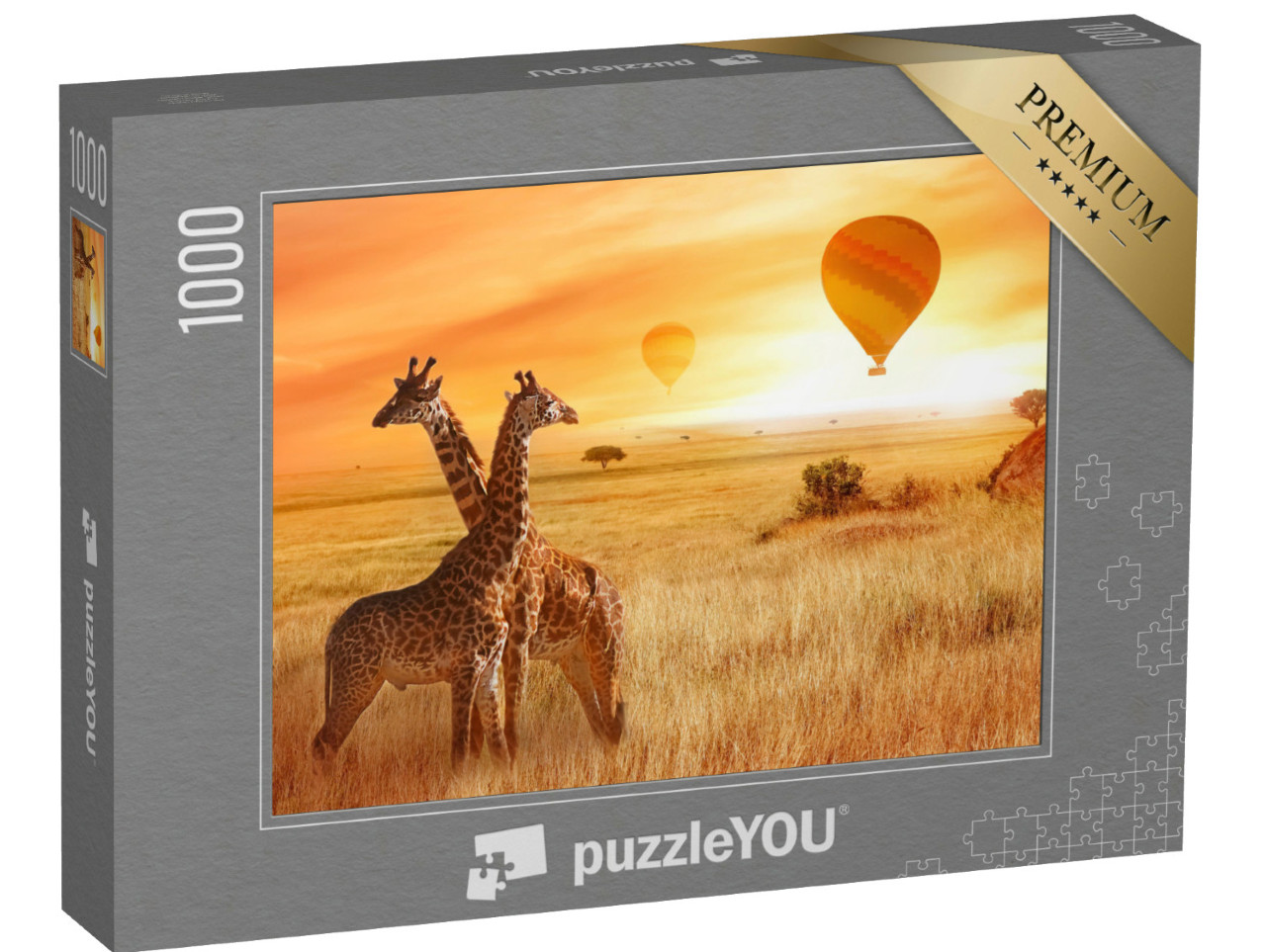 Puzzle 1000 pezzi „Volo panoramico in mongolfiera: giraffe nella savana africana“