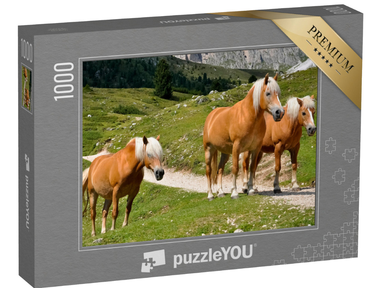 Puzzle 1000 pezzi „Tre cavalli avelignesi in un pascolo di montagna in Alto Adige, Italia“