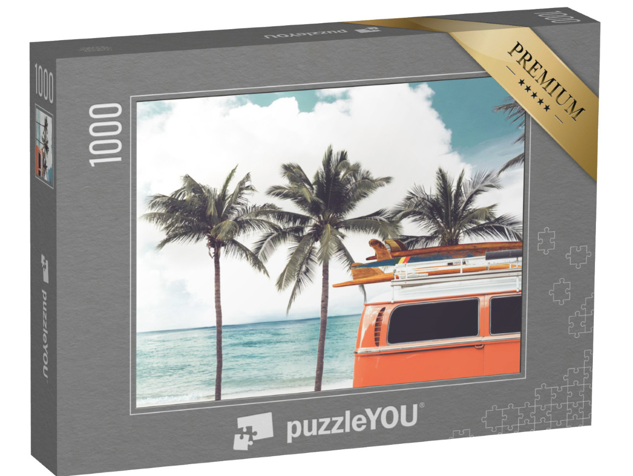 Puzzle 1000 pezzi „Viaggio in surf: bus d'epoca sulla spiaggia delle palme“