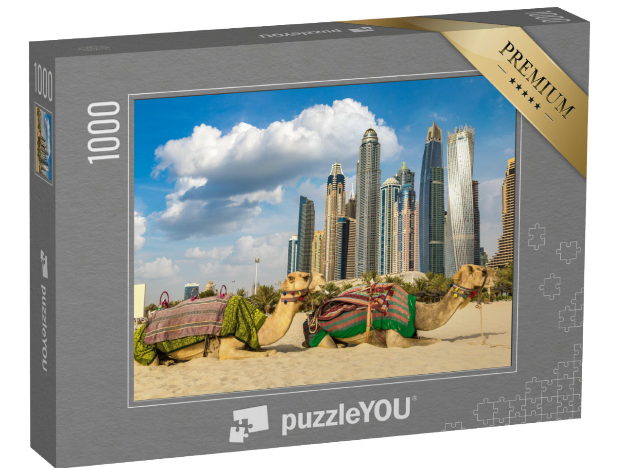 Puzzle 1000 pezzi „Cammelli davanti alla Marina di Dubai“