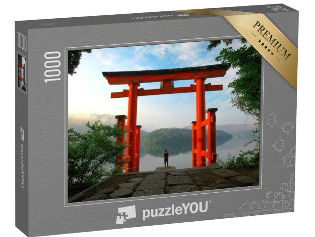 Puzzle 1000 pezzi „Porta torii del santuario di Hakone sul lago Ashi in Giappone“