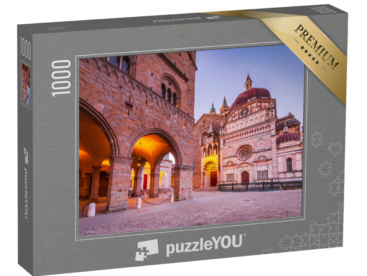 Puzzle 1000 pezzi „Bergamo, Italia. L'incantevole Piazza Duomo, luci del mattino in Città Alta, Lombardia storica.“