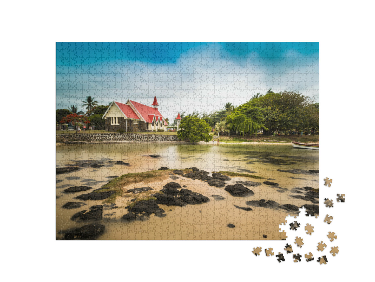 Puzzle 1000 pezzi „Notre Dame Auxiliatrice: chiesa dal tetto rosso a Cap Malheureux, Mauritius“
