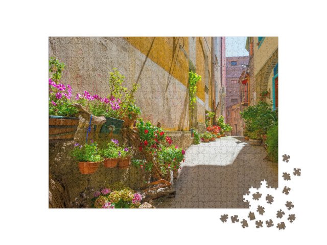 Puzzle 1000 pezzi „Il porto e le case della città di Cala Gonone in Sardegna alla luce del sole in primavera“