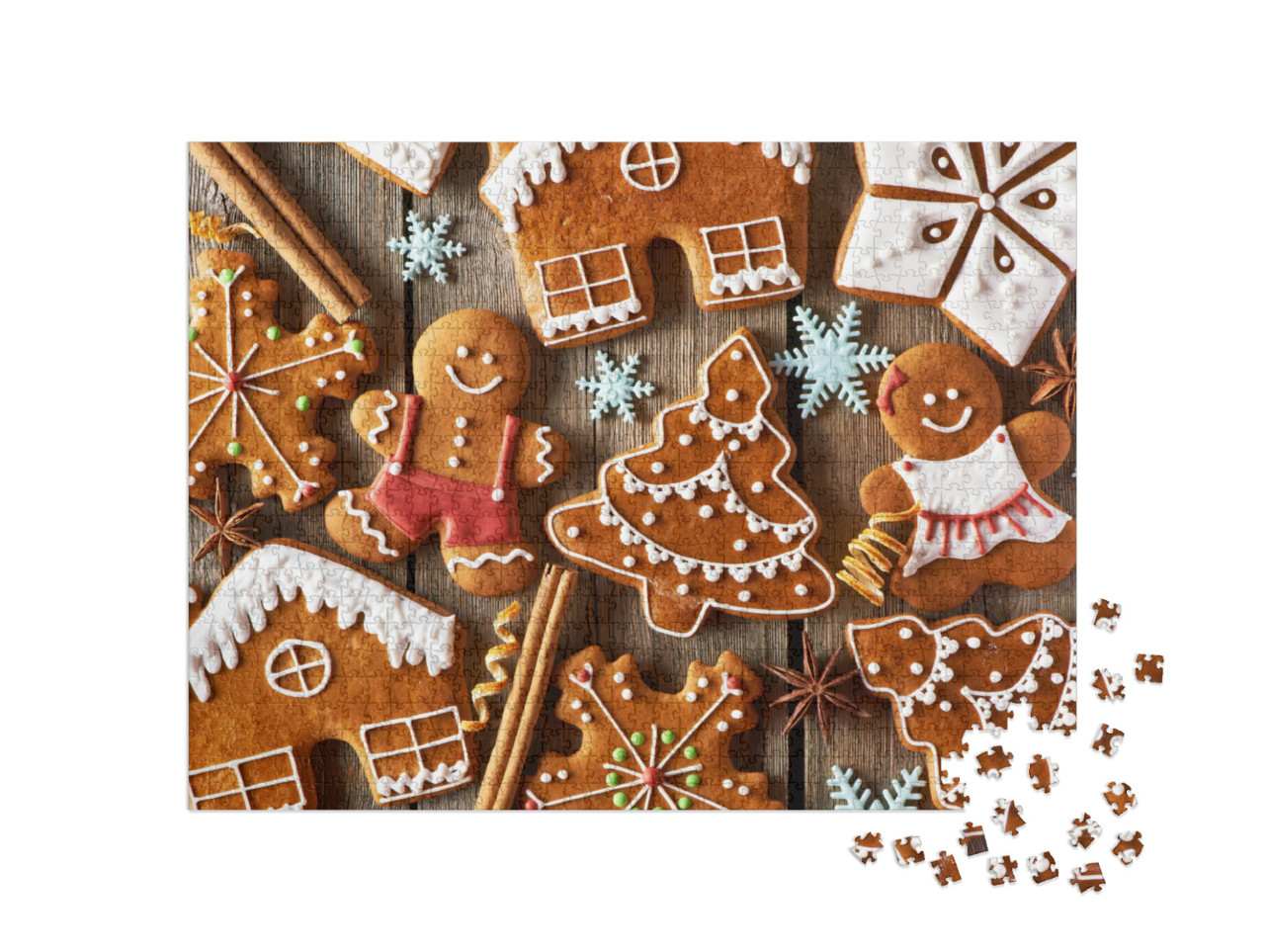 Puzzle 1000 pezzi „Omini di pan di zenzero fatti in casa e natalizi su un tavolo di legno“