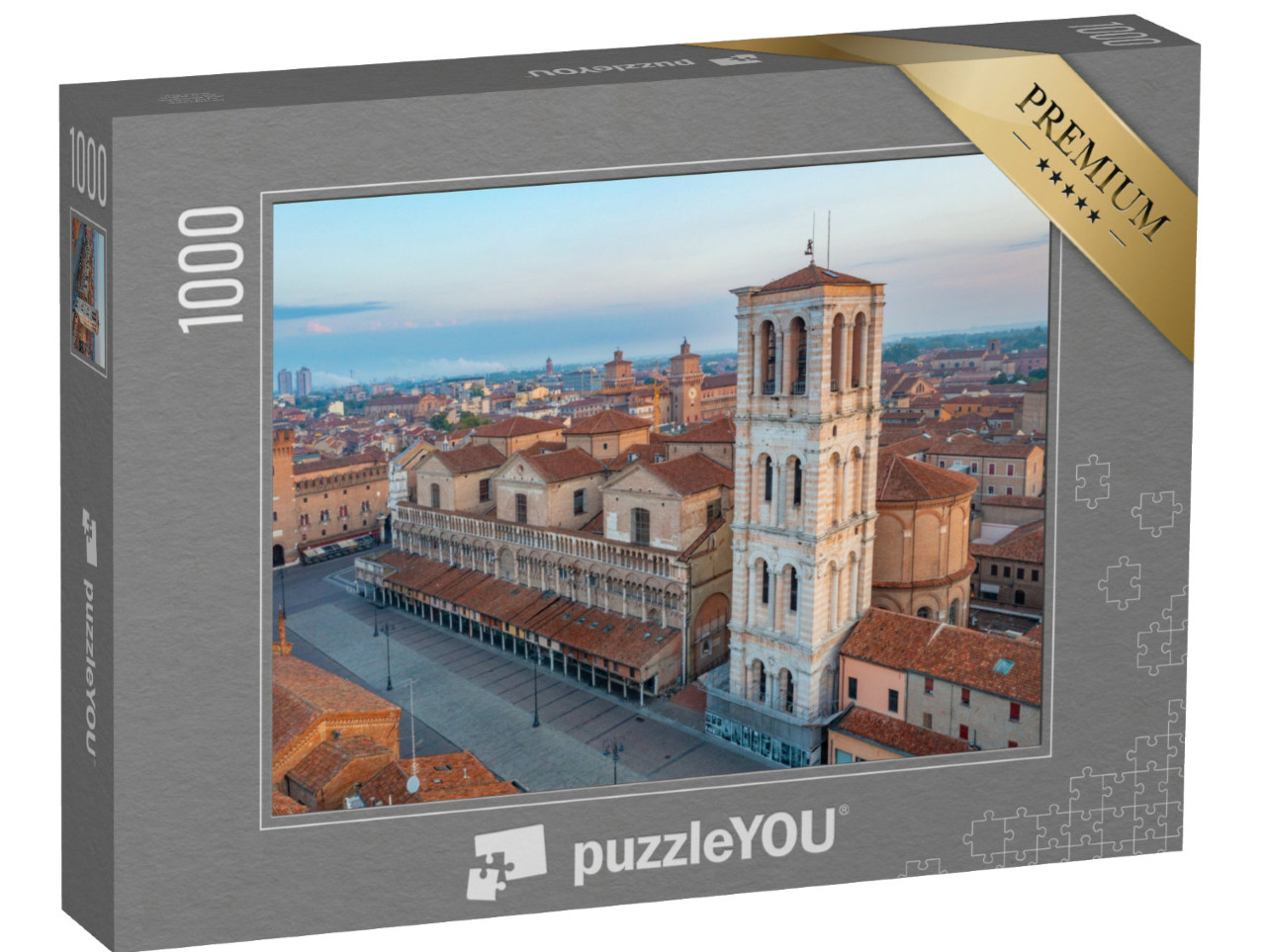 Puzzle 1000 pezzi „Vista aerea dell'alba di Piazza Trento e Triste a Ferrara.“