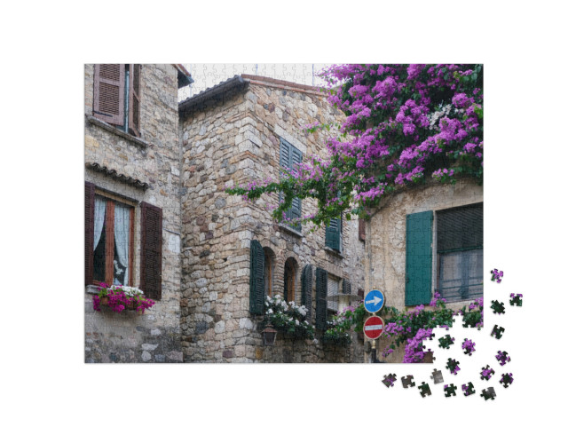 Puzzle 1000 pezzi „Balcone con Bougainvillea viola e rampicante su casa a Sirmione.“