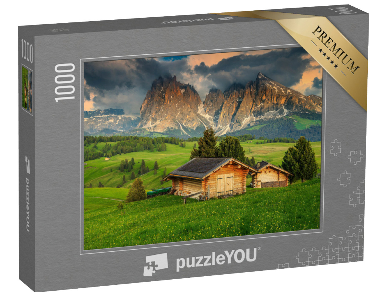 Puzzle 1000 pezzi „Primavera sull'Alpe di Siusi con il Gruppo del Sassolungo, Dolomiti, Italia“