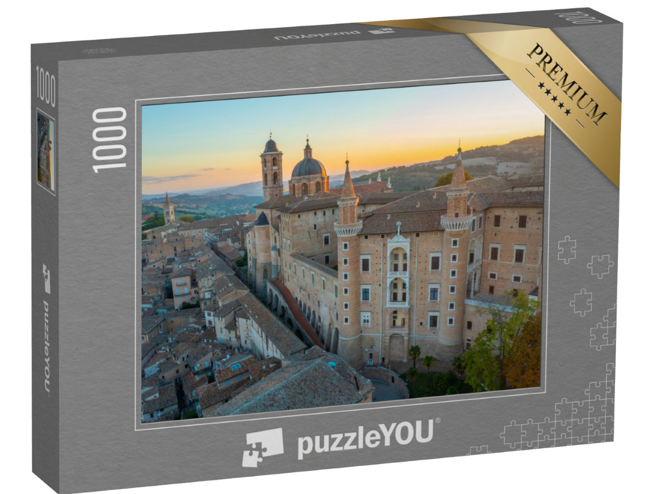 Puzzle 1000 pezzi „Vista aerea dell'alba sul Palazzo Ducale di Urbino.“