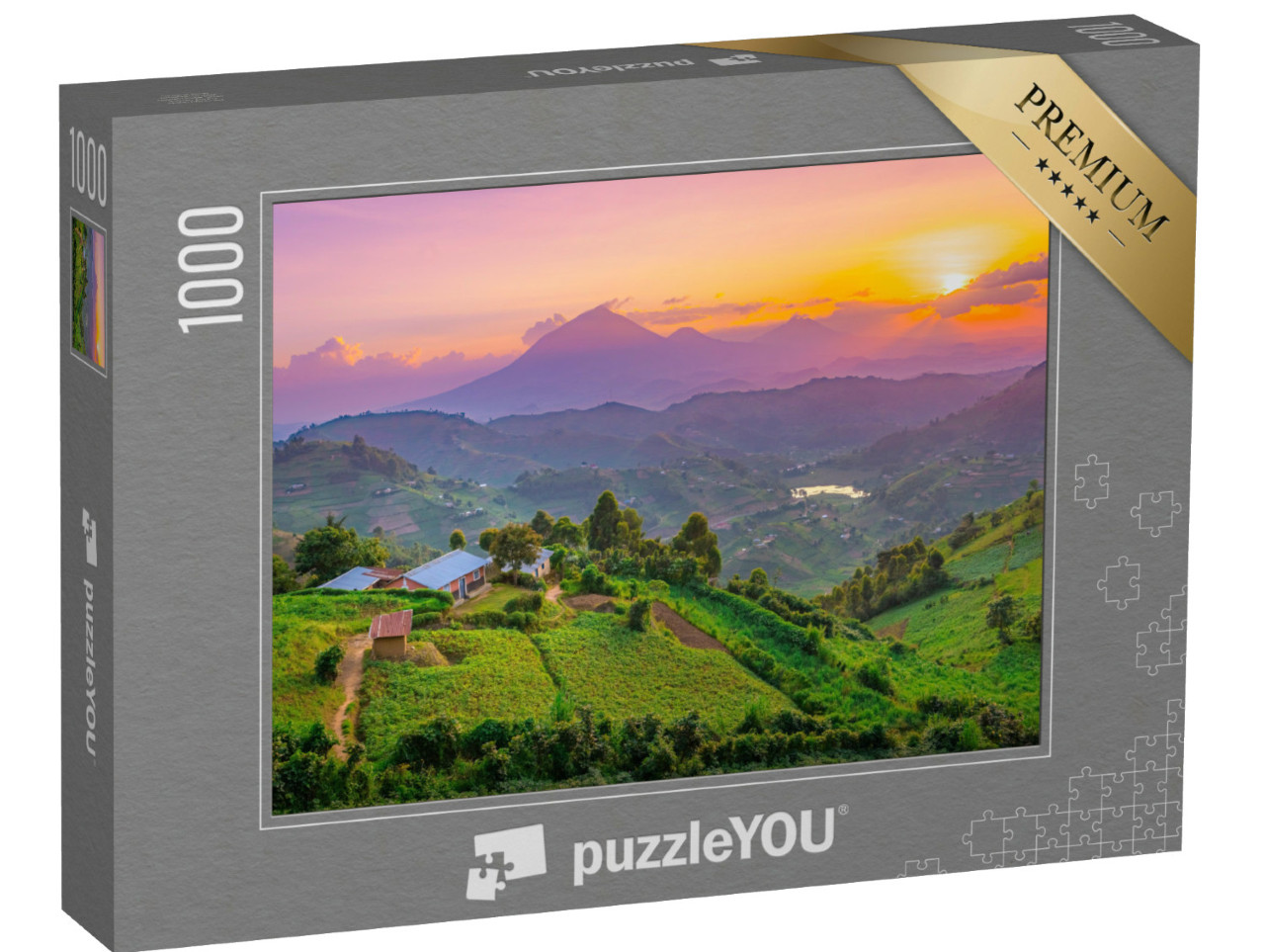 Puzzle 1000 pezzi „Tramonto sulle colline e sui prati di Kisoro, Uganda, Africa“