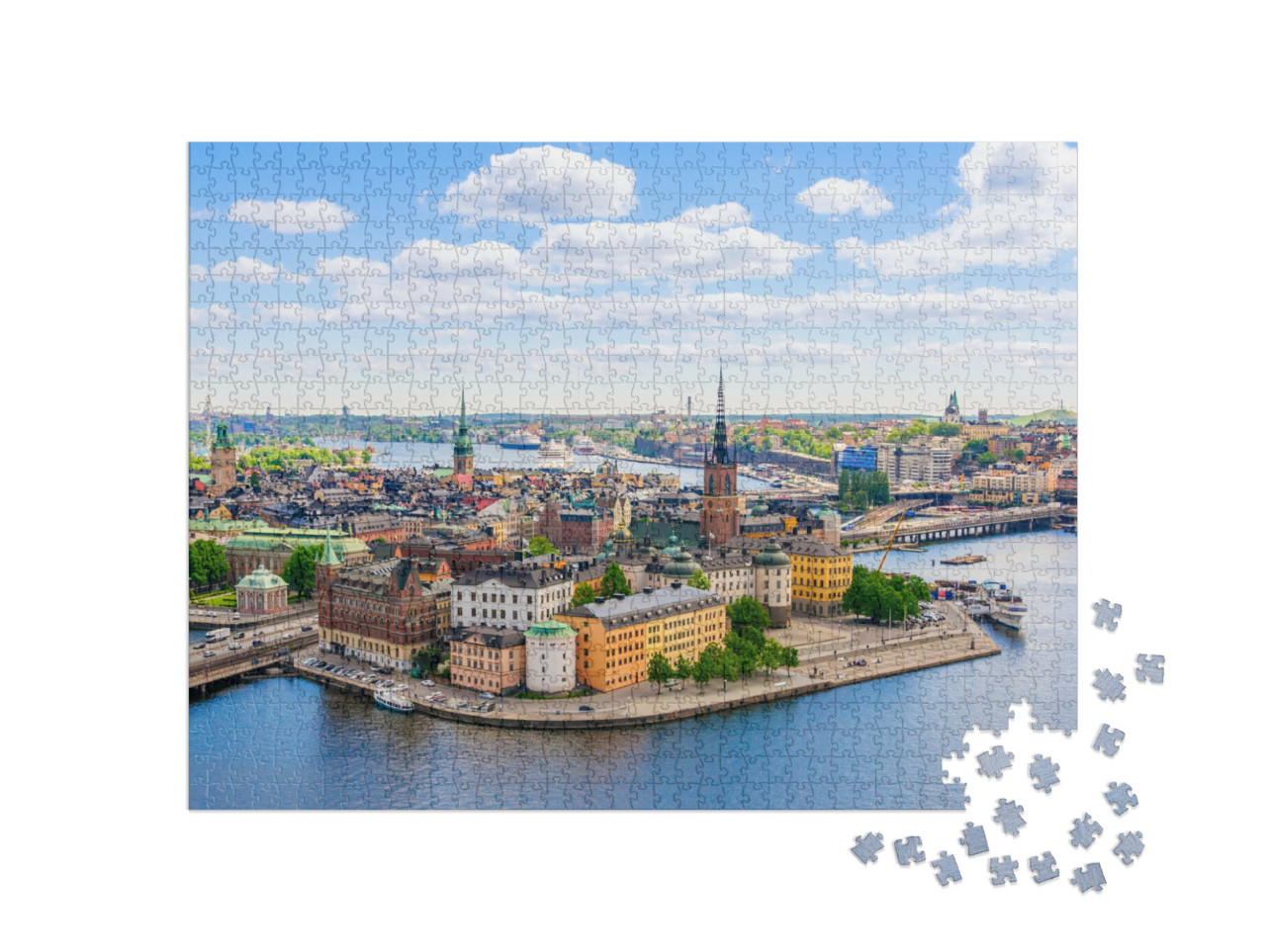 Puzzle 1000 pezzi „Vista a volo d'uccello: veduta aerea della torre del municipio di Stoccolma, Svezia“