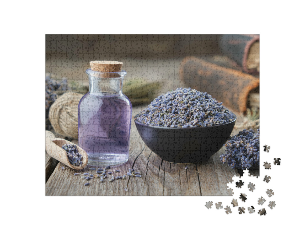 Puzzle 1000 pezzi „Olio essenziale di lavanda e fiori di lavanda essiccati“