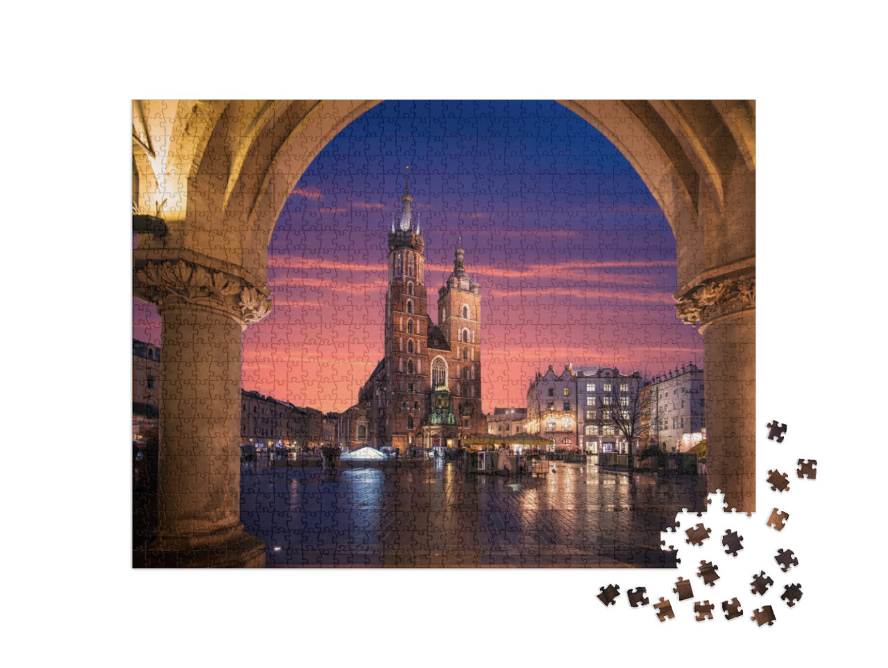 Puzzle 1000 pezzi „Chiesa nel centro storico di Cracovia con illuminazione, Polonia“